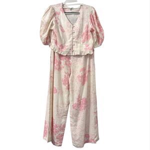 AND Pink Floral Set Top Size 8 Bottom Size 26 Linen Viscose Resort Wear Vacation